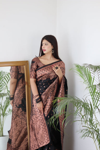 Black & Copper Zari Combination Pure Soft Silk Saree Stylish Blouse Piece