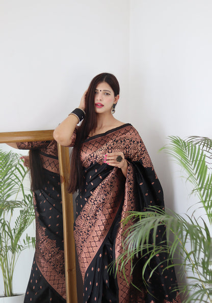 Black & Copper Zari Combination Pure Soft Silk Saree Stylish Blouse Piece