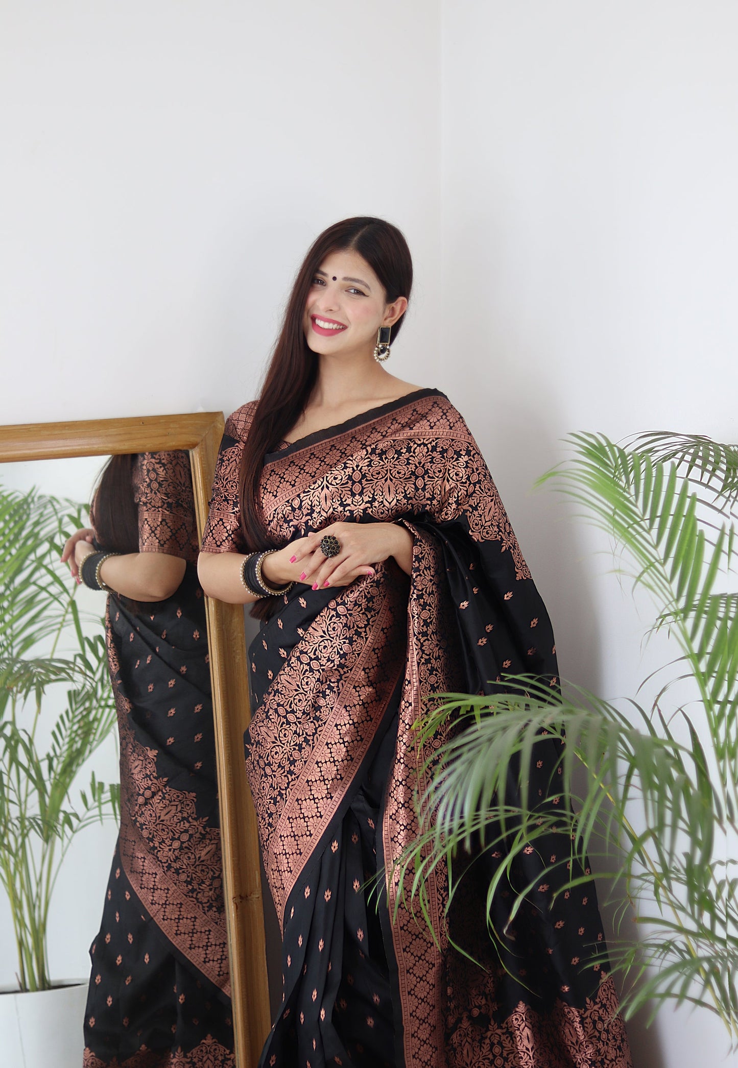 Black & Copper Zari Combination Pure Soft Silk Saree Stylish Blouse Piece