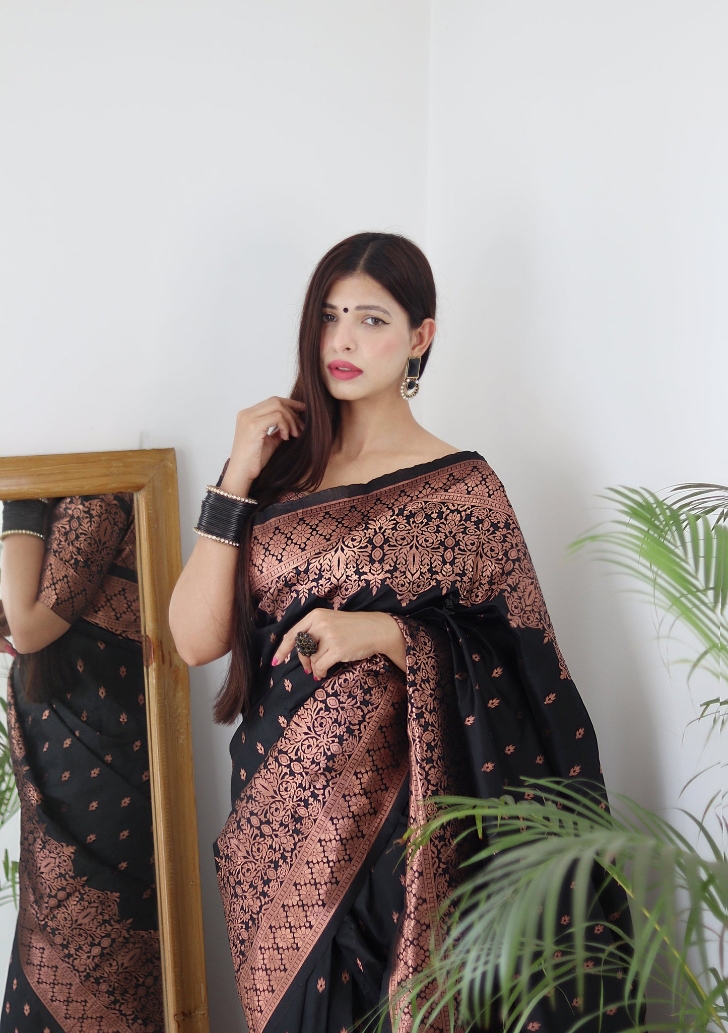 Black & Copper Zari Combination Pure Soft Silk Saree Stylish Blouse Piece