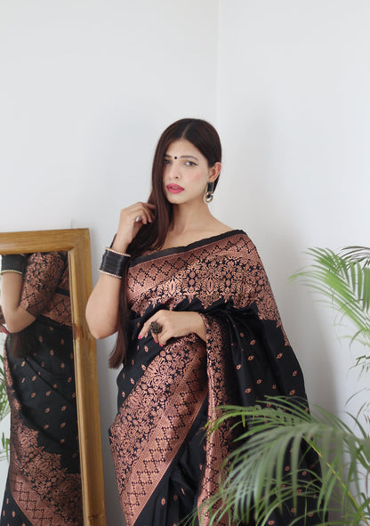 Black & Copper Zari Combination Pure Soft Silk Saree Stylish Blouse Piece