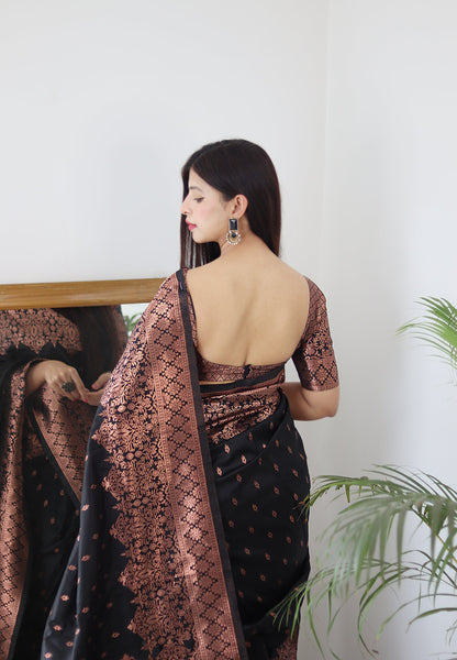 Black & Copper Zari Combination Pure Soft Silk Saree Stylish Blouse Piece