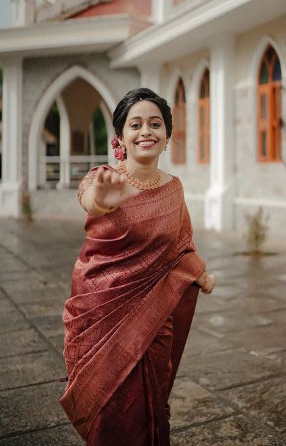 Phenomenal Maroon Pure Soft Silk Saree With Imbrication Blouse Piece