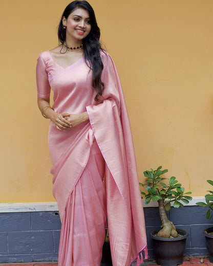 Symmetrical Peach Pure Soft Silk Saree With Engrossing Blouse Piece