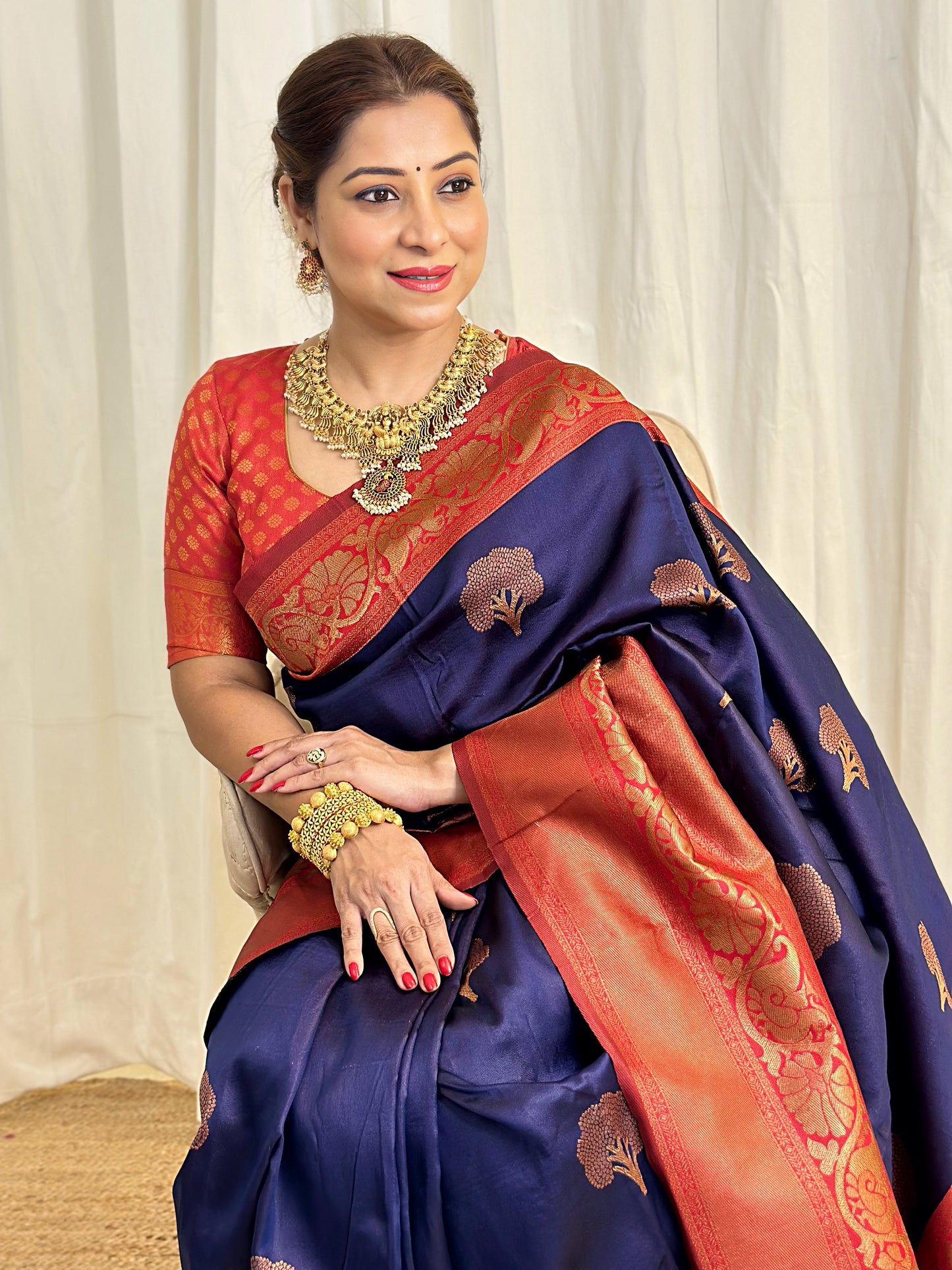 Navy Blue Pure Soft Semi-Silk Saree Stylish Blouse Piece
