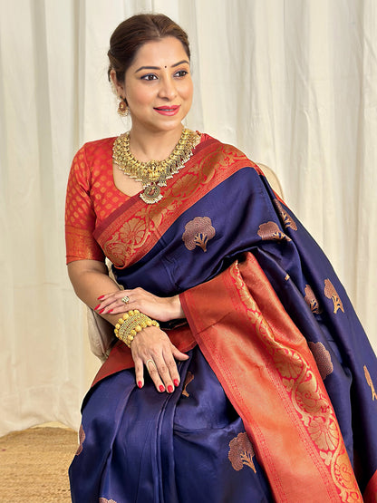 Navy Blue Pure Soft Semi-Silk Saree Stylish Blouse Piece