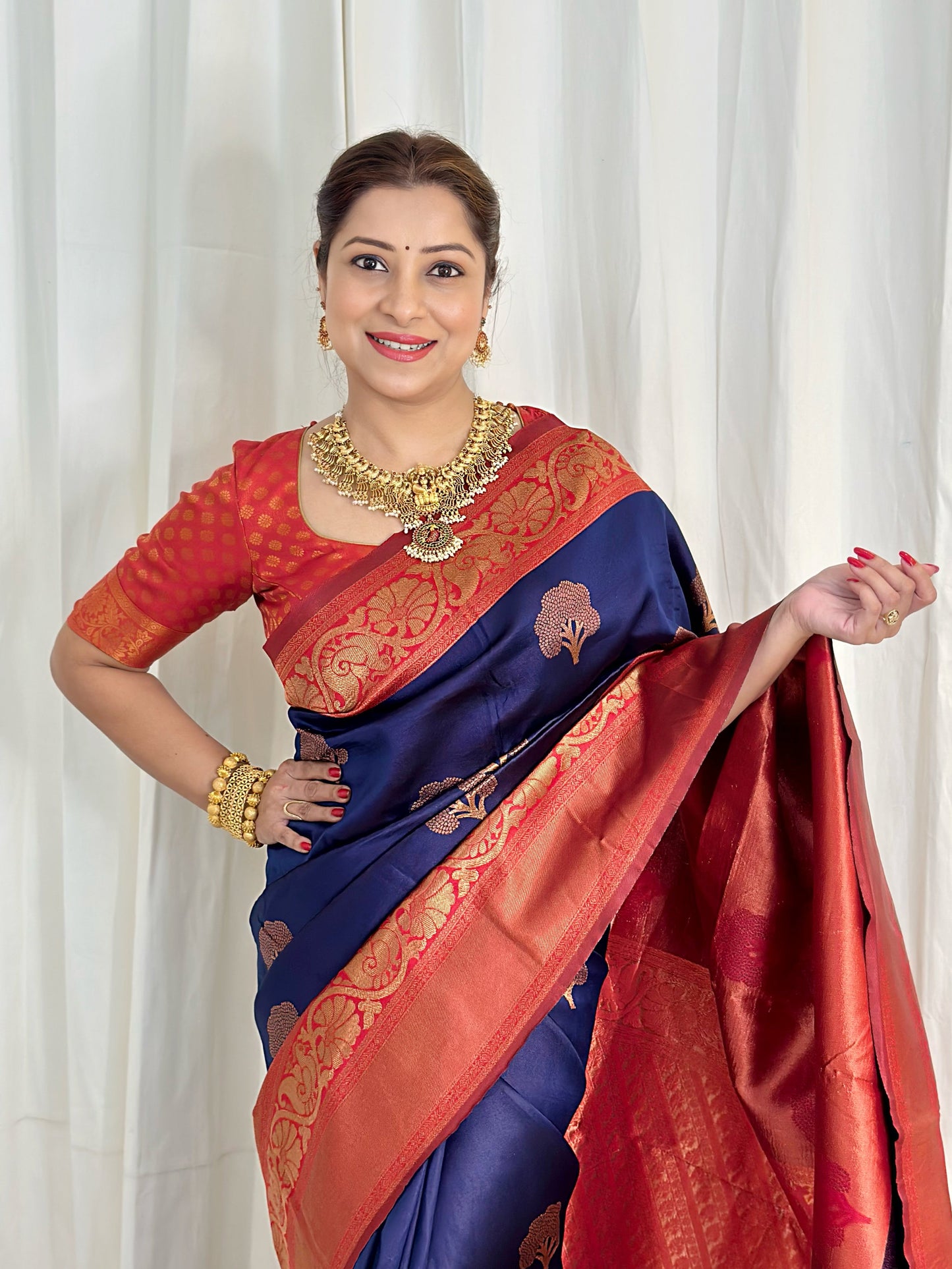 Navy Blue Pure Soft Semi-Silk Saree Stylish Blouse Piece