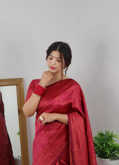 Gajari With Copper Zari Combination Pure Soft Silk Saree Stylish Blouse Piece