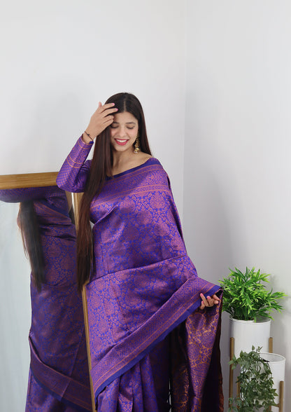 Violet With Copper Zari Combination Pure Soft Silk Saree Stylish Blouse Piece