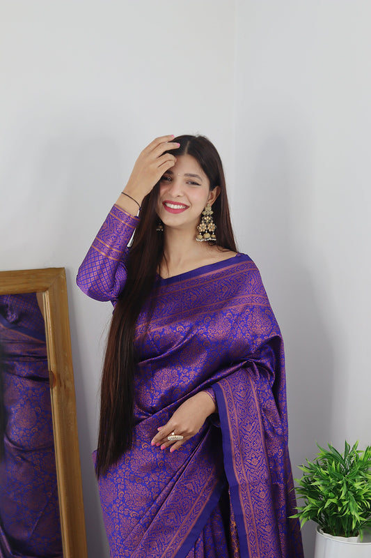 Violet With Copper Zari Combination Pure Soft Silk Saree Stylish Blouse Piece