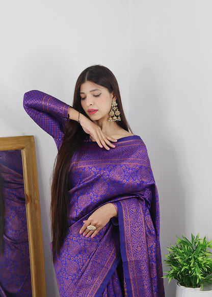 Violet With Copper Zari Combination Pure Soft Silk Saree Stylish Blouse Piece