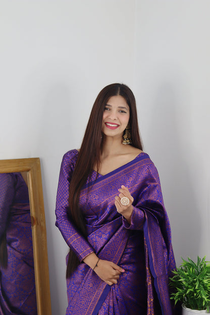 Violet With Copper Zari Combination Pure Soft Silk Saree Stylish Blouse Piece