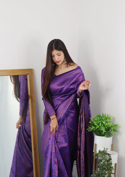 Violet With Copper Zari Combination Pure Soft Silk Saree Stylish Blouse Piece