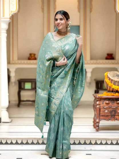 Pure Semi Silk Saree Weaved With Copper Zari Comes With Heavy Banarasi Brocade Blouse