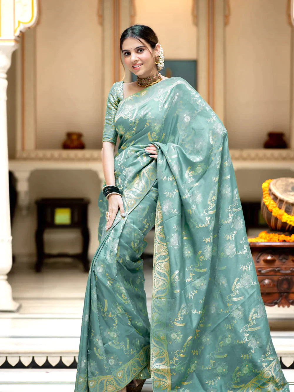 Pure Semi Silk Saree Weaved With Copper Zari Comes With Heavy Banarasi Brocade Blouse