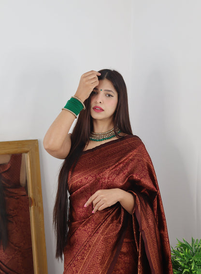 Maroon Pure Soft Silk Saree With Tempting Heavy Brocade Blouse Piece