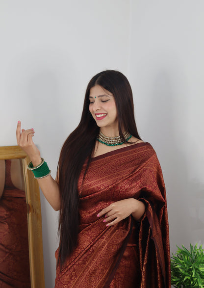 Maroon Pure Soft Silk Saree With Tempting Heavy Brocade Blouse Piece