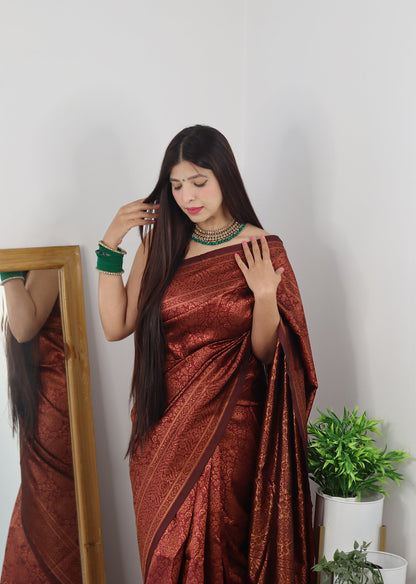 Maroon Pure Soft Silk Saree With Tempting Heavy Brocade Blouse Piece