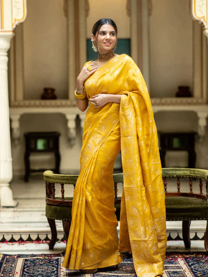 Pure Semi Silk Saree Weaved With Copper Zari Comes With Heavy Banarasi Brocade Blouse