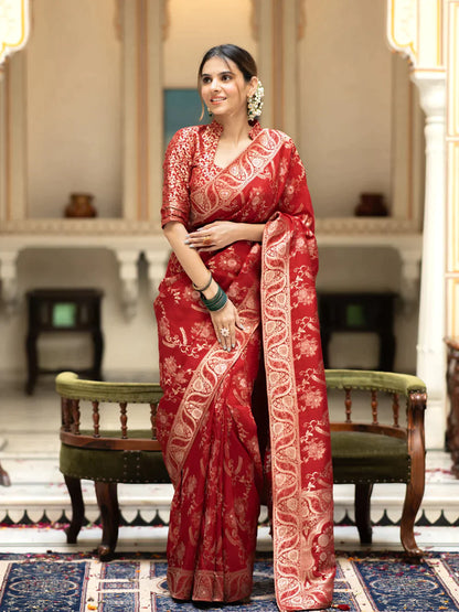 Pure Semi Silk Saree Weaved With Copper Zari Comes With Heavy Banarasi Brocade Blouse