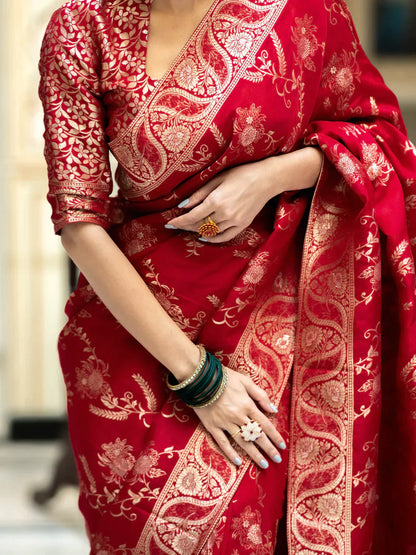 Pure Semi Silk Saree Weaved With Copper Zari Comes With Heavy Banarasi Brocade Blouse