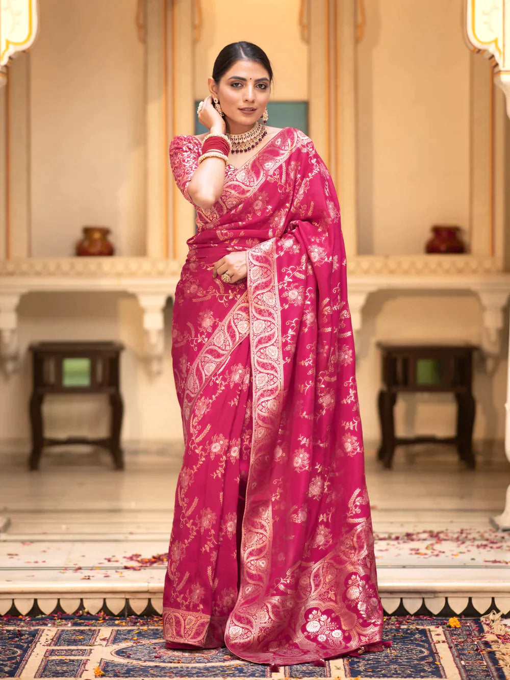 Pure Semi Silk Saree Weaved With Copper Zari Comes With Heavy Banarasi Brocade Blouse