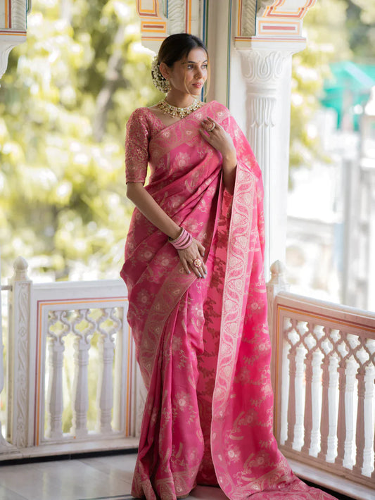 Pure Semi Silk Saree Weaved With Copper Zari Comes With Heavy Banarasi Brocade Blouse