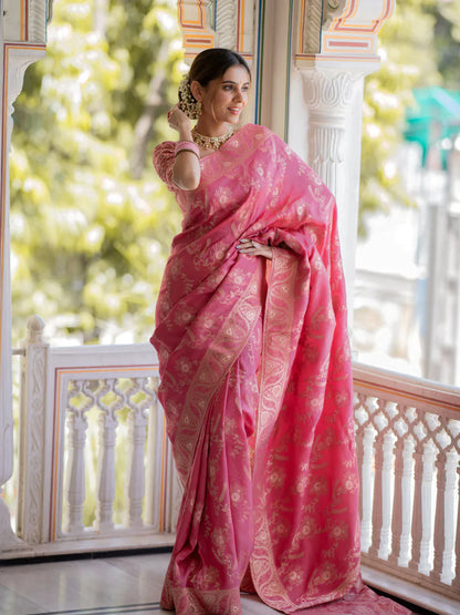 Pure Semi Silk Saree Weaved With Copper Zari Comes With Heavy Banarasi Brocade Blouse