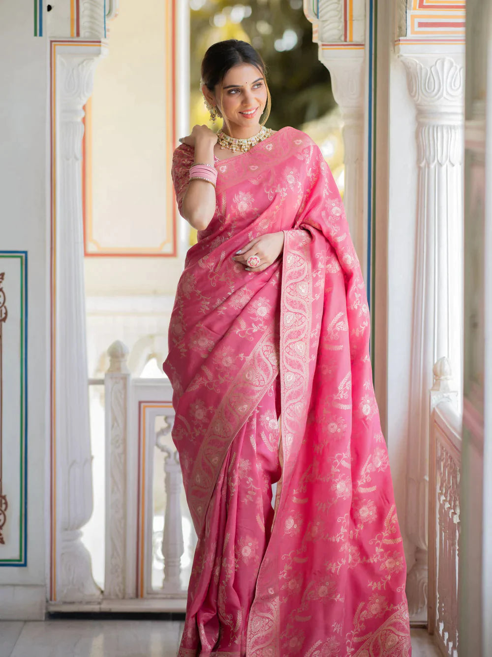 Pure Semi Silk Saree Weaved With Copper Zari Comes With Heavy Banarasi Brocade Blouse