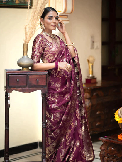 Pure Semi Silk Saree Weaved With Copper Zari Comes With Heavy Banarasi Brocade Blouse