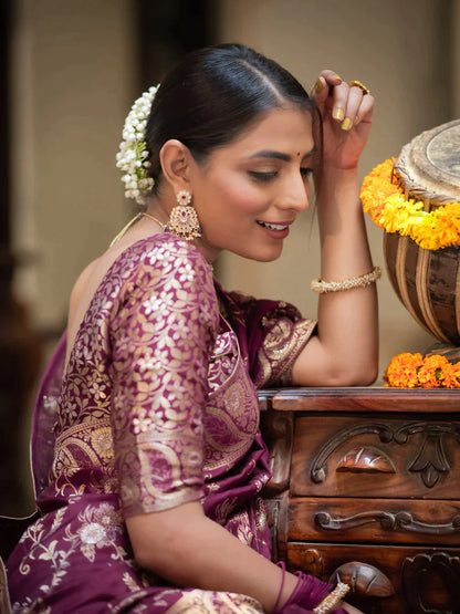 Pure Semi Silk Saree Weaved With Copper Zari Comes With Heavy Banarasi Brocade Blouse