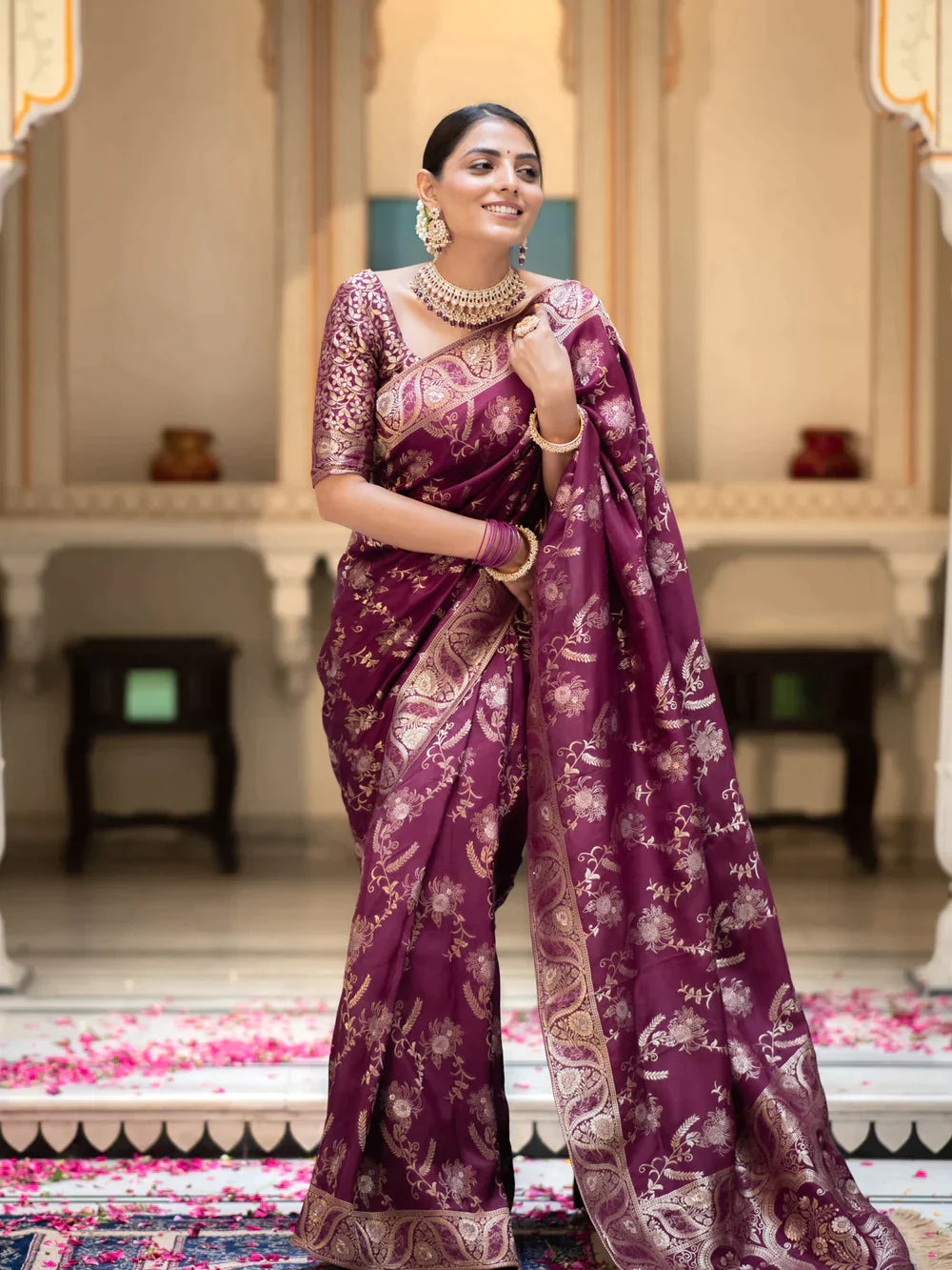 Pure Semi Silk Saree Weaved With Copper Zari Comes With Heavy Banarasi Brocade Blouse