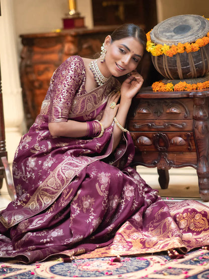 Pure Semi Silk Saree Weaved With Copper Zari Comes With Heavy Banarasi Brocade Blouse