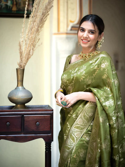 Pure Semi Silk Saree Weaved With Copper Zari Comes With Heavy Banarasi Brocade Blouse