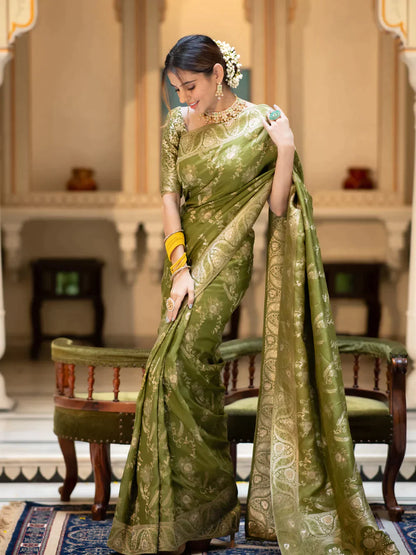 Pure Semi Silk Saree Weaved With Copper Zari Comes With Heavy Banarasi Brocade Blouse