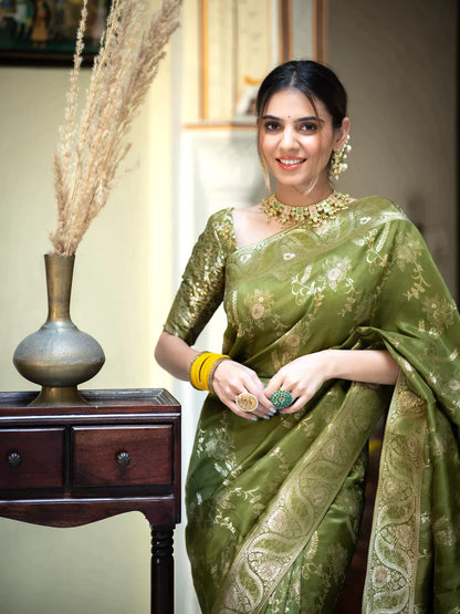 Pure Semi Silk Saree Weaved With Copper Zari Comes With Heavy Banarasi Brocade Blouse