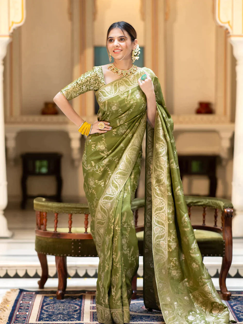 Pure Semi Silk Saree Weaved With Copper Zari Comes With Heavy Banarasi Brocade Blouse