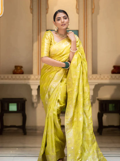 Pure Semi Silk Saree Weaved With Copper Zari Comes With Heavy Banarasi Brocade Blouse