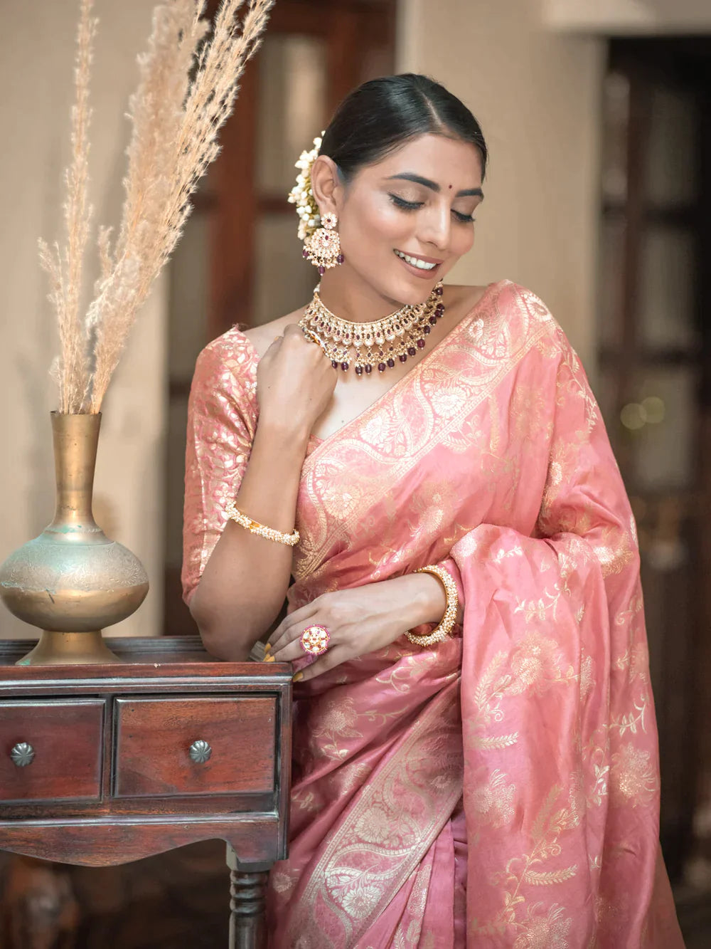 Pure Semi Silk Saree Weaved With Copper Zari Comes With Heavy Banarasi Brocade Blouse