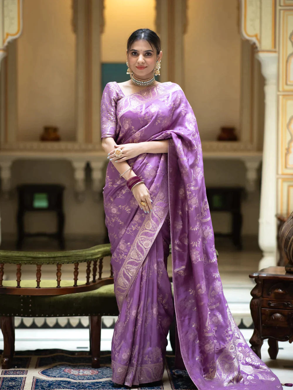 Pure Semi Silk Saree Weaved With Copper Zari Comes With Heavy Banarasi Brocade Blouse