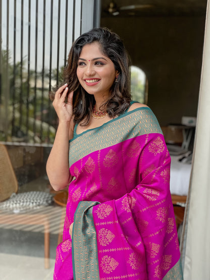 Purple Pure Semi Silk Saree Weaved With Copper Zari With Imbrication Blouse Piece