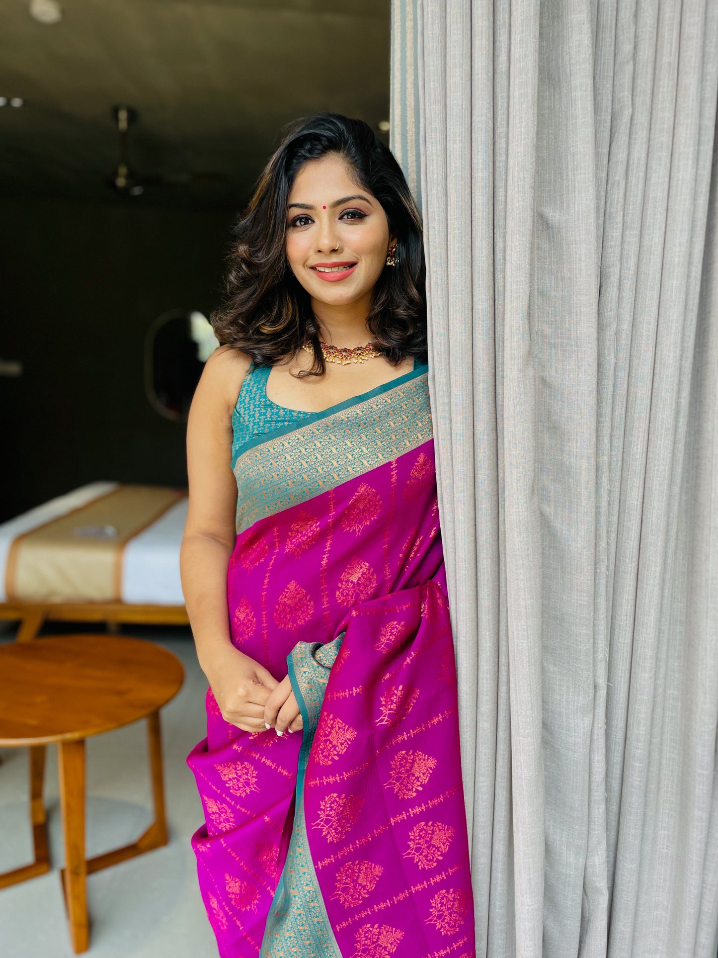 Purple Pure Semi Silk Saree Weaved With Copper Zari With Imbrication Blouse Piece