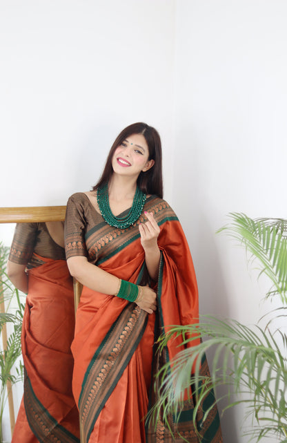 Orange & Green Combination Pure Soft Silk Saree Stylish Blouse Piece