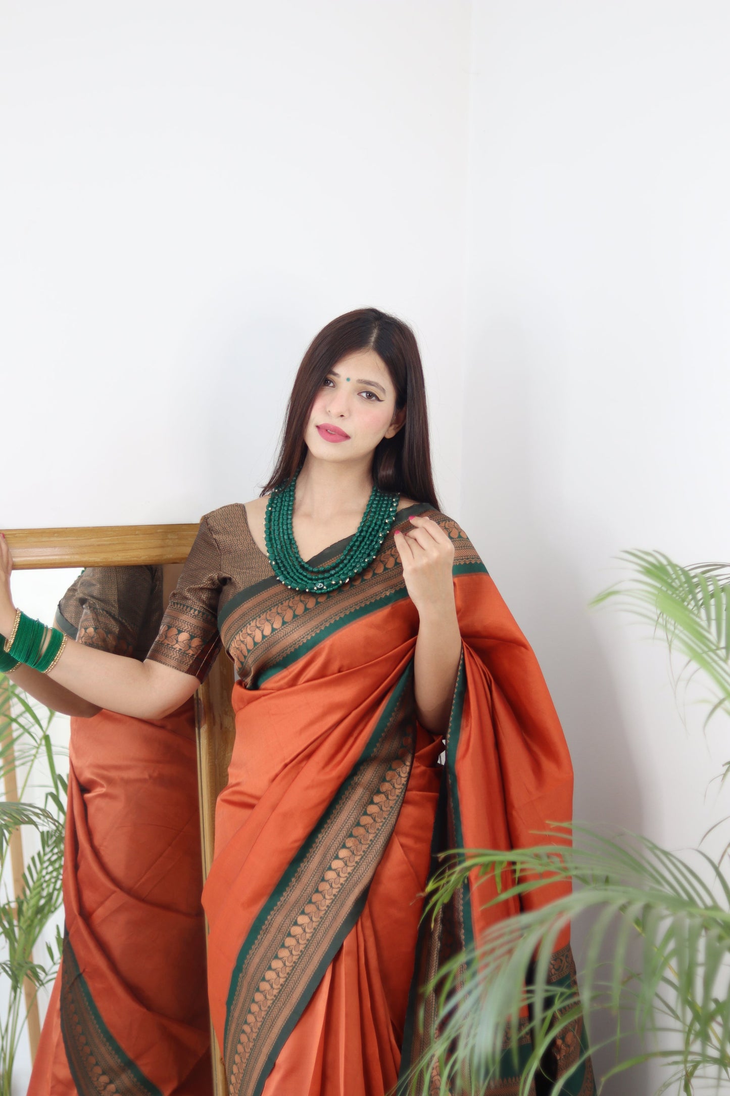 Orange & Green Combination Pure Soft Silk Saree Stylish Blouse Piece