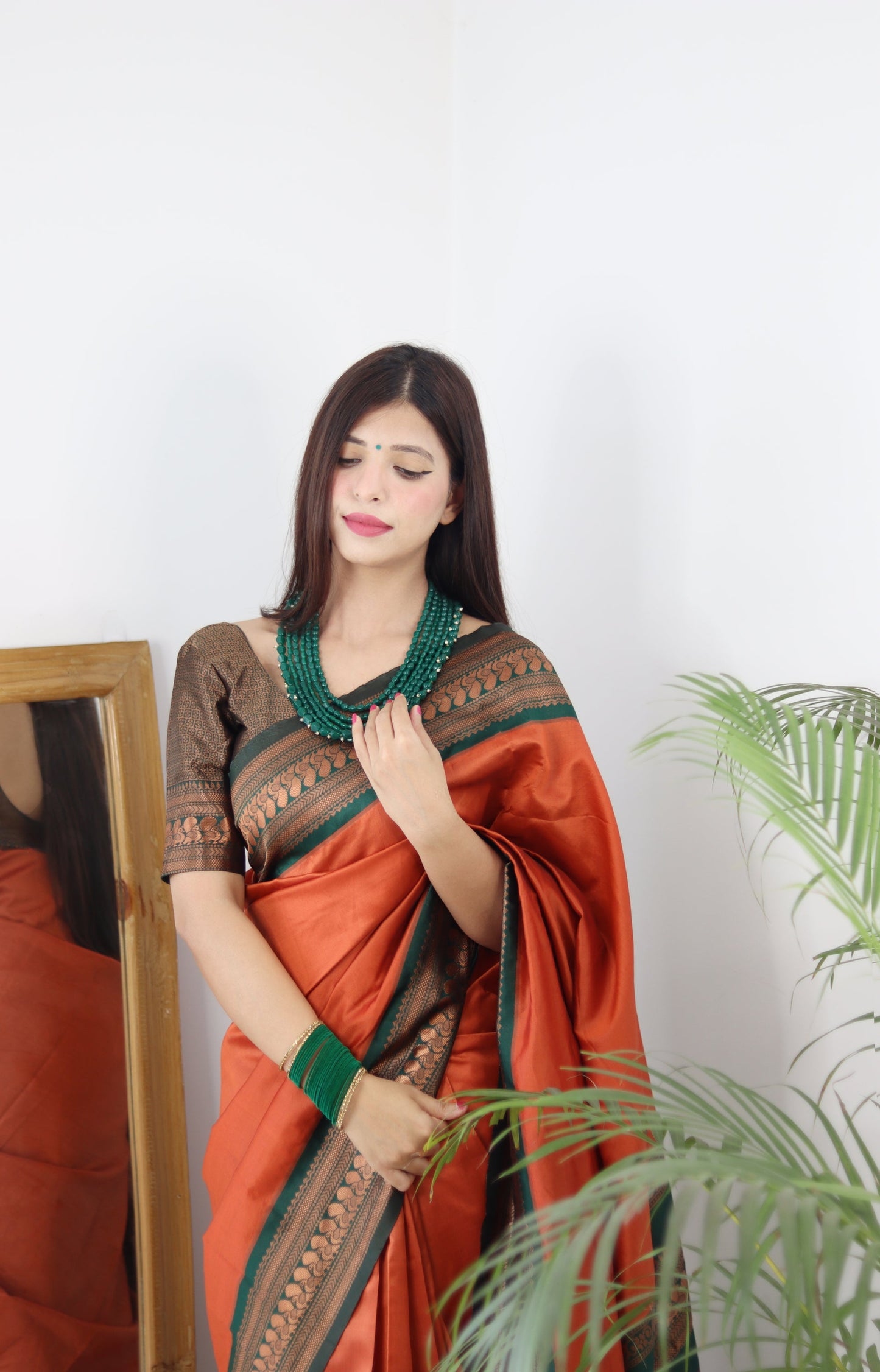 Orange & Green Combination Pure Soft Silk Saree Stylish Blouse Piece