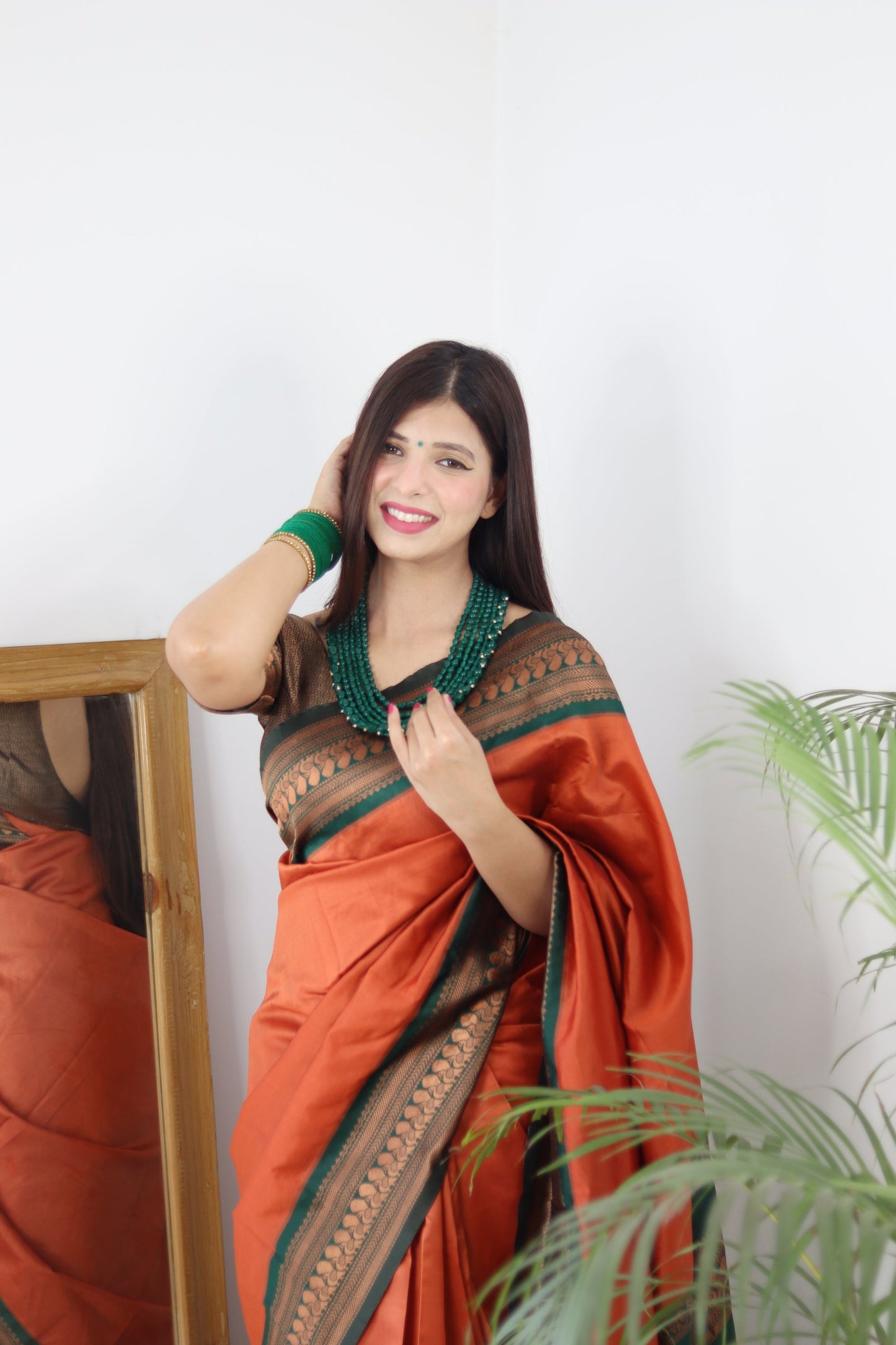 Orange & Green Combination Pure Soft Silk Saree Stylish Blouse Piece