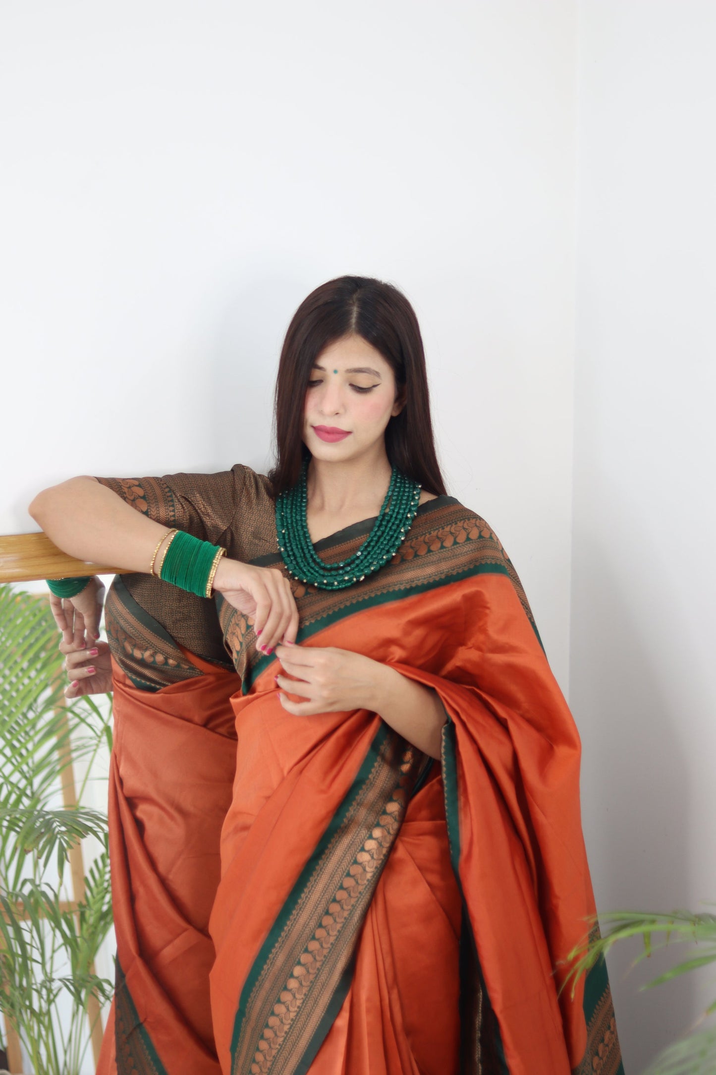 Orange & Green Combination Pure Soft Silk Saree Stylish Blouse Piece