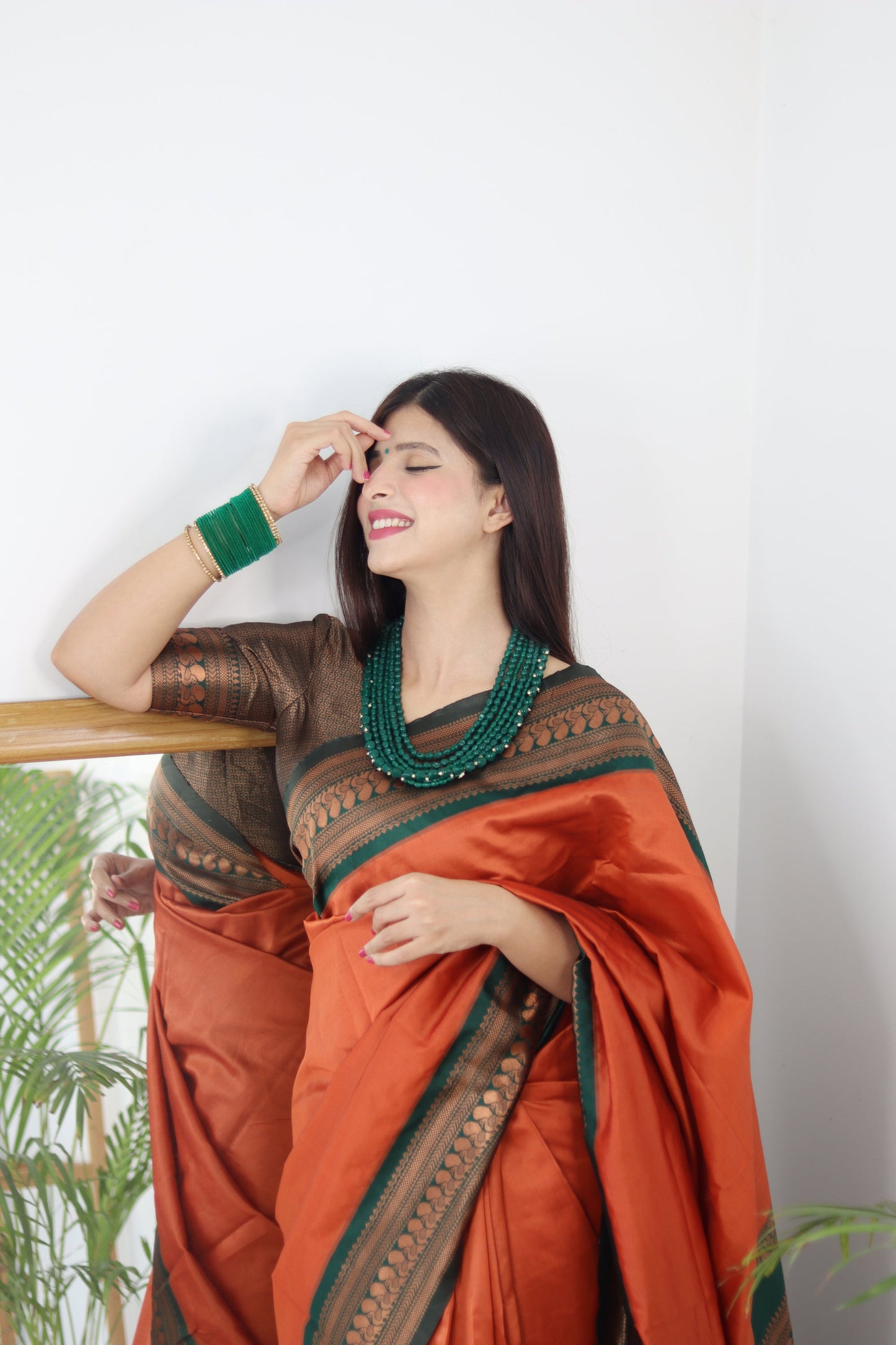 Orange & Green Combination Pure Soft Silk Saree Stylish Blouse Piece