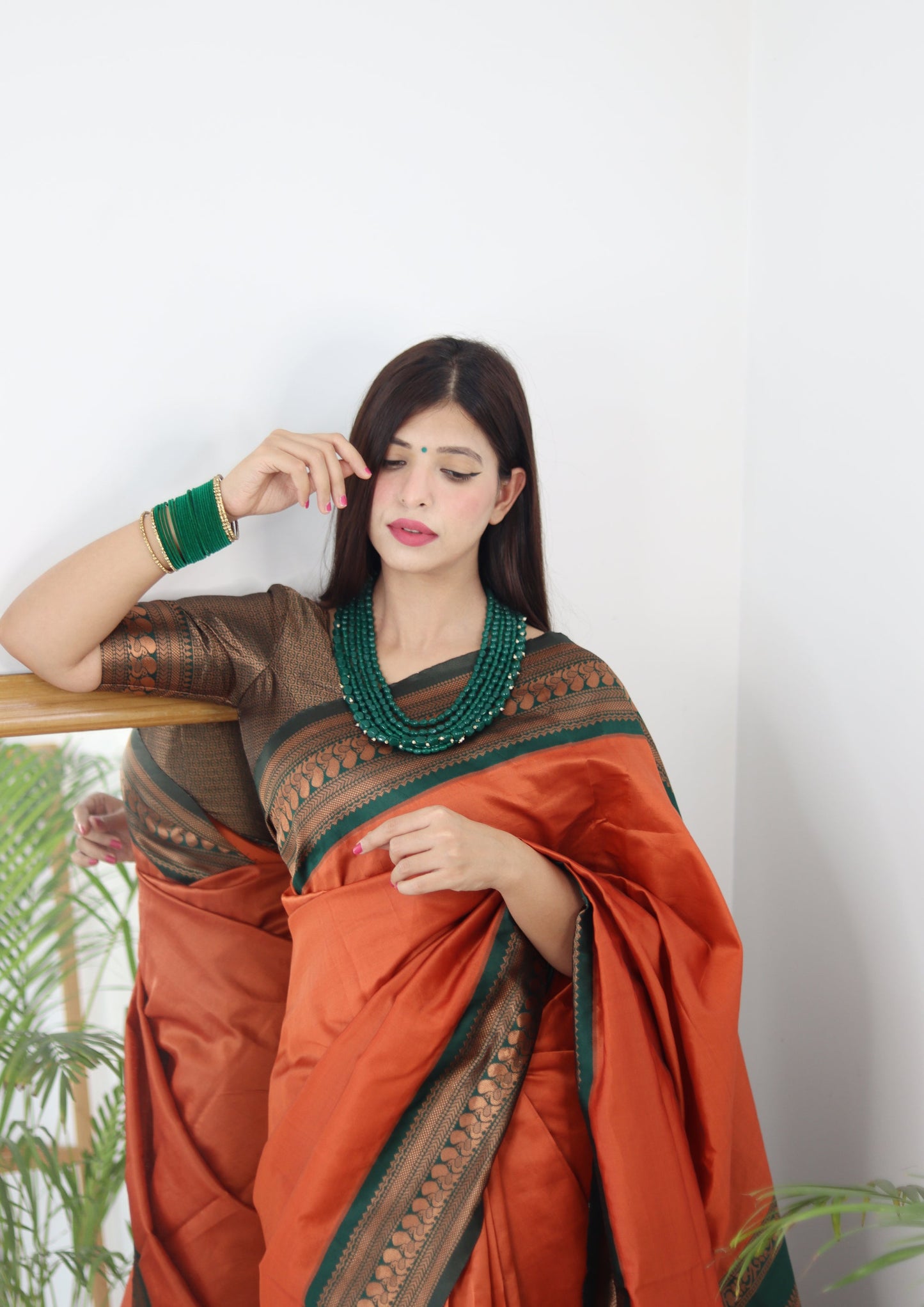 Orange & Green Combination Pure Soft Silk Saree Stylish Blouse Piece