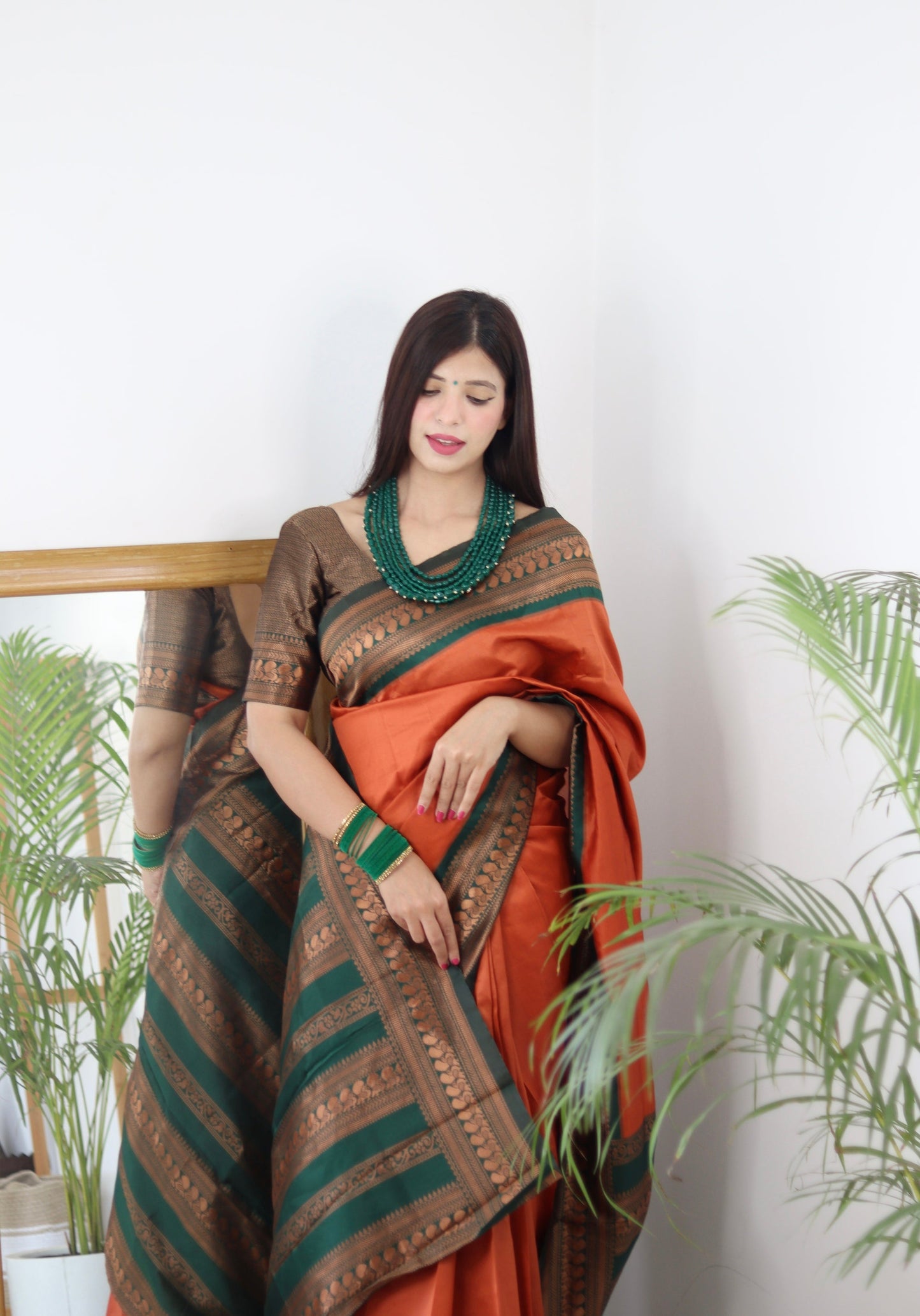 Orange & Green Combination Pure Soft Silk Saree Stylish Blouse Piece